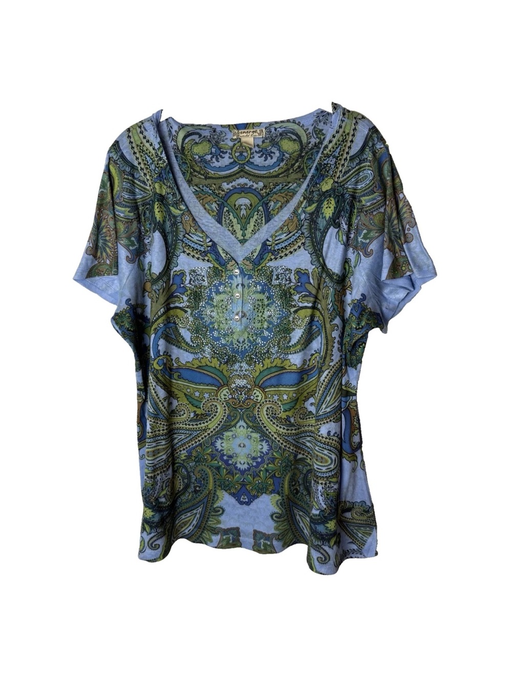 Energe Henley Top Size 1X Short Sleeves Paisley Bling Front Blue Green Black